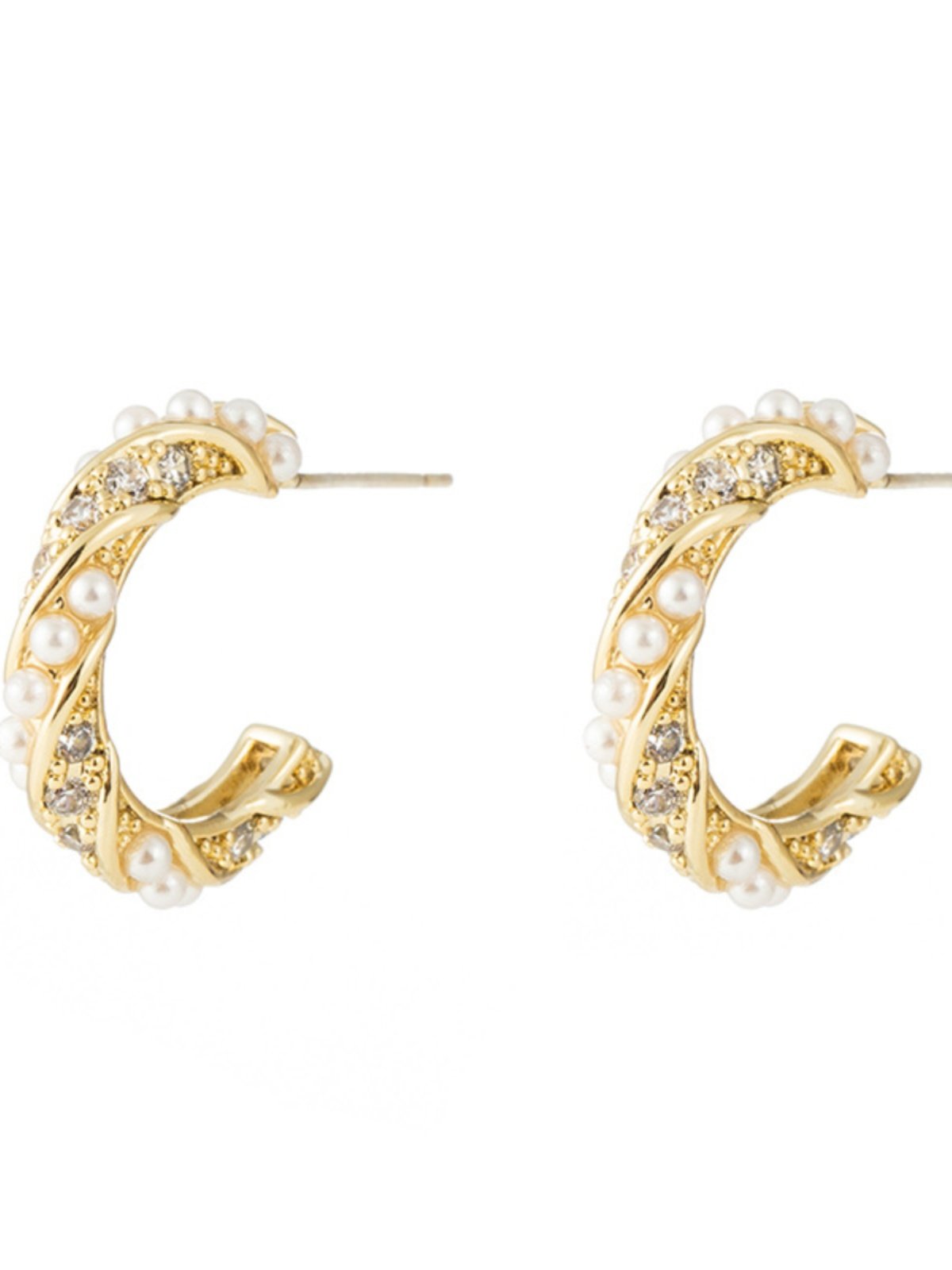 14K Gold-Plated Thickened Copper Inlaid with Zircon and Pearl C-Shaped Stud Earrings, Half-Circle Earrings, Elegant Niche Light Luxury Earrings