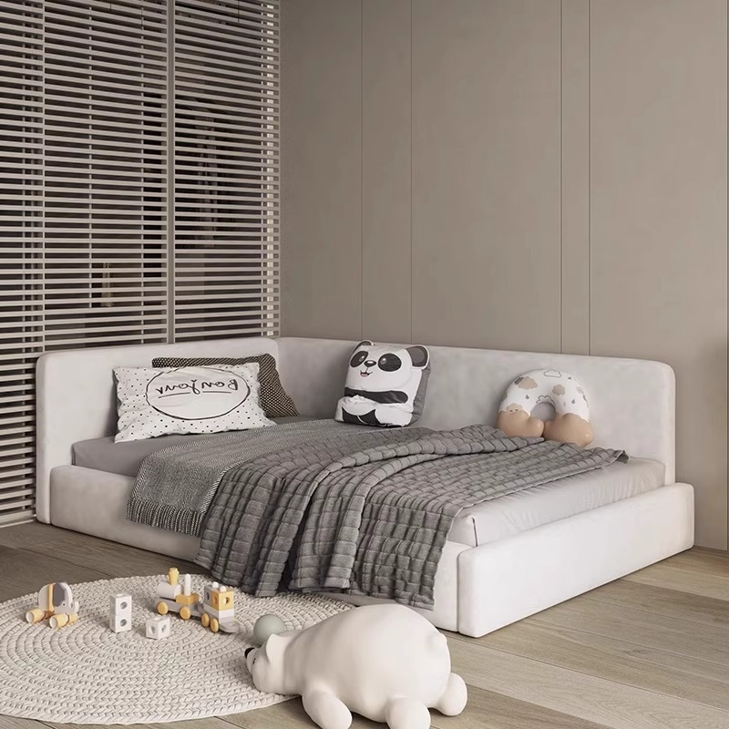 Modern Minimalist Corner Bed for Small Apartments, Single Bed with Guardrails, Parent-Child Bed, Cream-Style Tatami Fabric Bed
