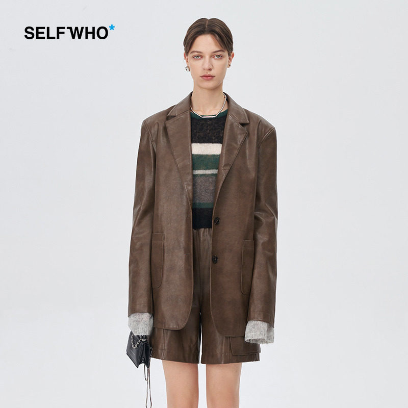 (Stars Same) Self Who Maillard pu leather jacket woman gush brown American retro design sensation-Taobao