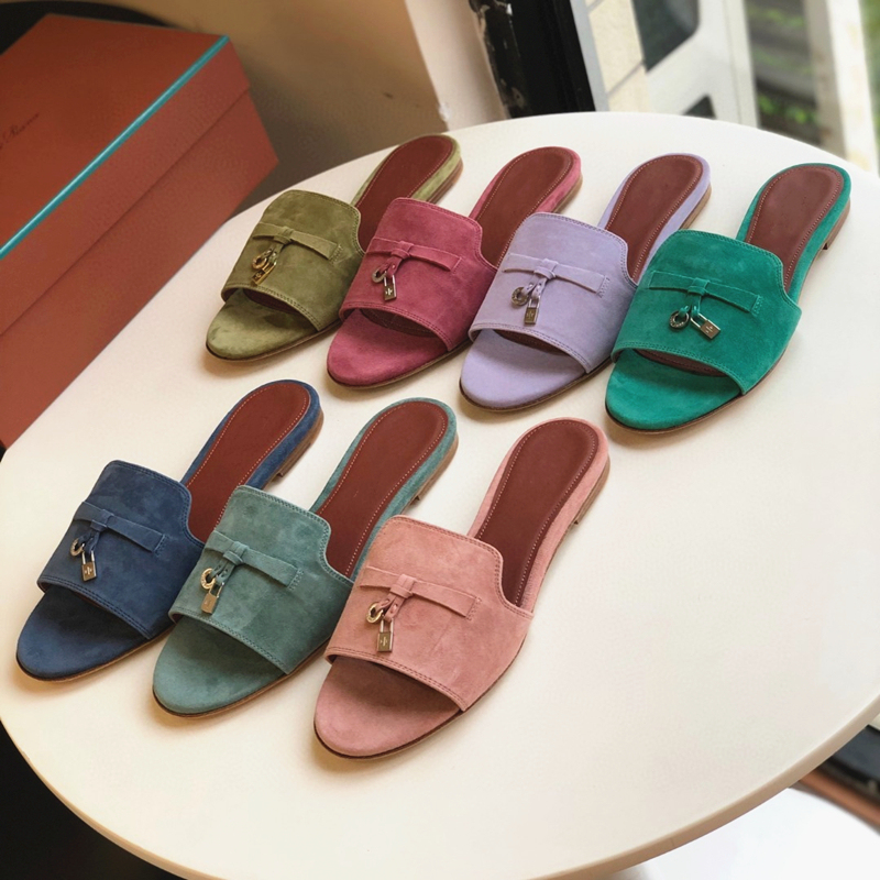 Original Single~Lp Pendant Flat Genuine Leather Summer Slippers, Comfortable and Versatile, Simple Open-Toe Slide Sandals, Lazy Slippers