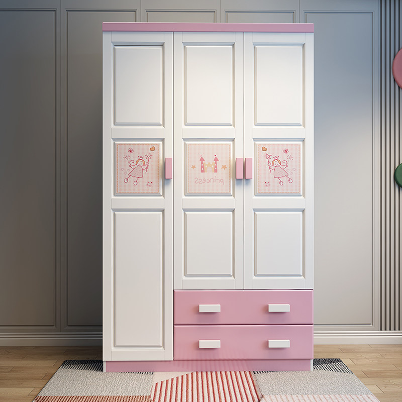 Children's wardrobe Girl storage cabinet Small apartment bedroom household flat door multi-storage pink solid wood three-door wardrobe