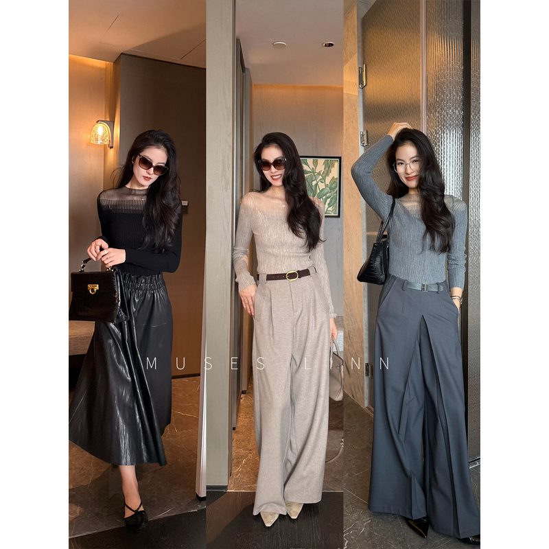 Linn【Slightly See-Through Texture】Hollow-Out Slimming Elegant T-Shirt for Women, Slim Fit, Atmospheric Casual Knitted Long-Sleeve Top