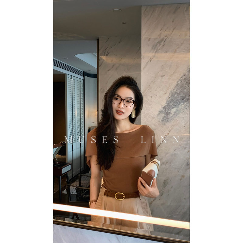 Linn【Shawl T】Camel-Colored Mulberry Silk Slim-Fit T-Shirt for Women 2026 Summer New Design Cape Top