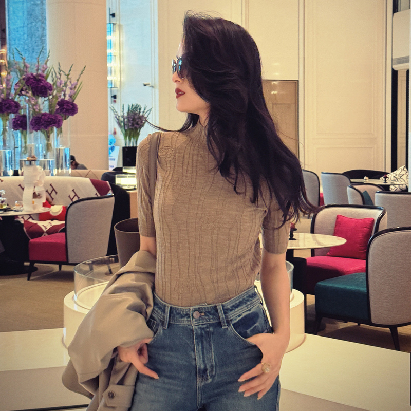 Linn【Rose Stand Collar】100% Cotton Wool Knitwear Women's Three-Quarter Sleeve Base Shirt 2026 Spring New Arrival