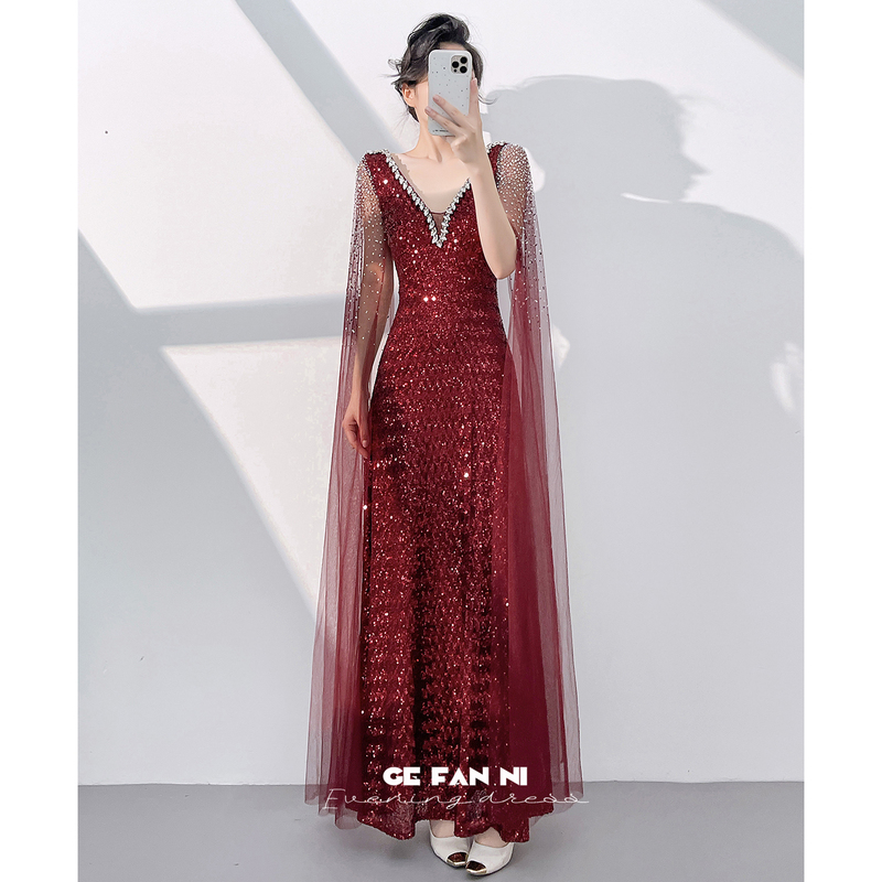 High-End Evening Dress for Women 2026 New Style, Elegant and Beautiful for Important Occasions, Sequined Burgundy Dress for Hostess