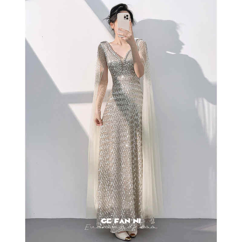 High-End Evening Dress for Women 2026 New Style, Elegant and Stunning Apricot and Silver Sequin Dress for Hostess
