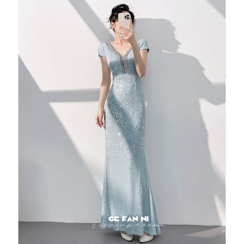High-End Evening Dress for Women 2026 New Style, Elegant and Classy for Banquets, Socialite Style, Sky Blue Hostess Fishtail Sequin Dress High-End Evening Dress for Women 2026 New Style, Elegant and Classy for Banquets, Socialite Style, Sky Blue Hostess Fishtail Sequin Dress