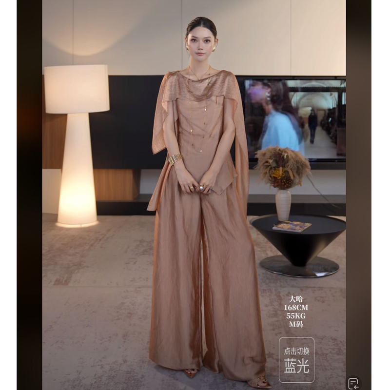 Dengdaha "Wind Rising in London" 80% Acetate Fabric Drape Collar Top + High-Waisted Wide-Leg Pants Set E212