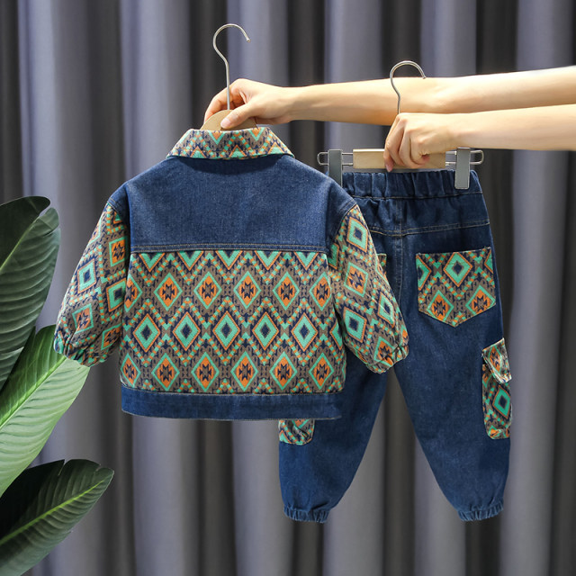 Boys autumn suit 2022 new style baby autumn handsome fried street rhombus denim children's clothing two-piece suit