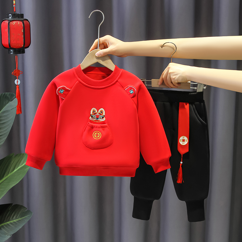 Boy 2024 new red festive sweatshirt Two sets of baby winter plus suede Thickened Beiyr Clothes Children Suit-Taobao