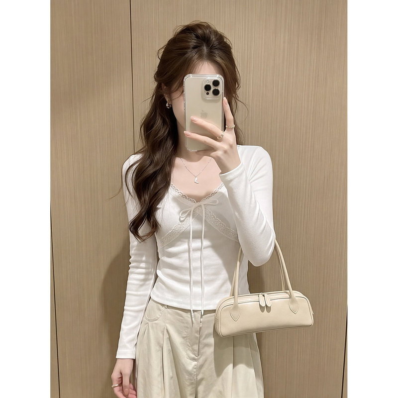 Pure Desire Lace V-Neck Base Shirt, New Autumn Design, Pure Cotton Long-Sleeve T-Shirt for Women, Versatile and Slimming, Elegant Top Pure Desire Lace V-Neck Base Shirt, New Autumn Design, Pure Cotton Long-Sleeve T-Shirt for Women, Versatile and Slimming, Elegant Top