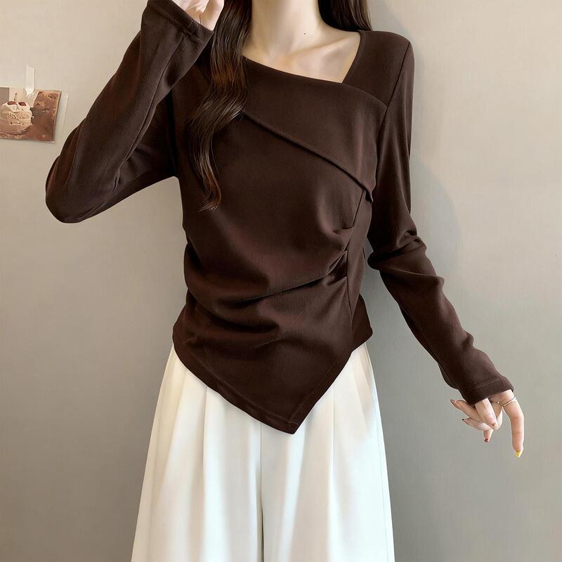 New Style Pure Cotton Inner Wear with Irregular Design Long-Sleeve T-Shirt for Women, Autumn and Winter Niche Diagonal Collar Slim-Fit Top