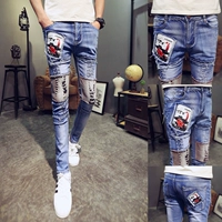 Mùa xuân tinh thần xã hội quần trẻ trung xu hướng cá tính in quần skinny bó sát quần jeans nam quần áo nam