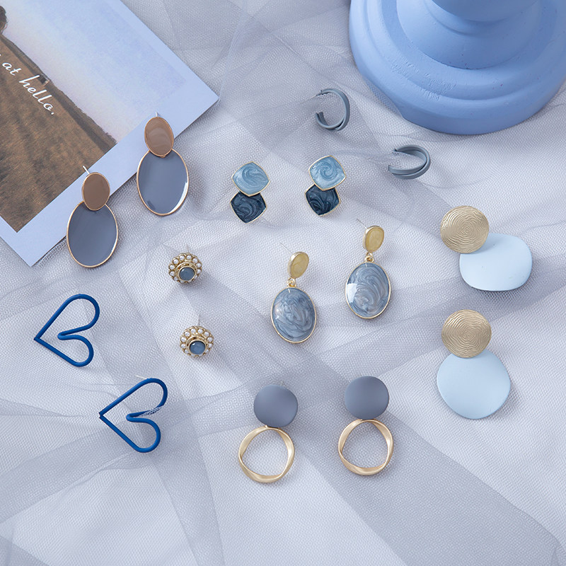 Haze blue earrings collection of high-grade sense of blue earrings cold wind niche temperament earrings retro wild earrings