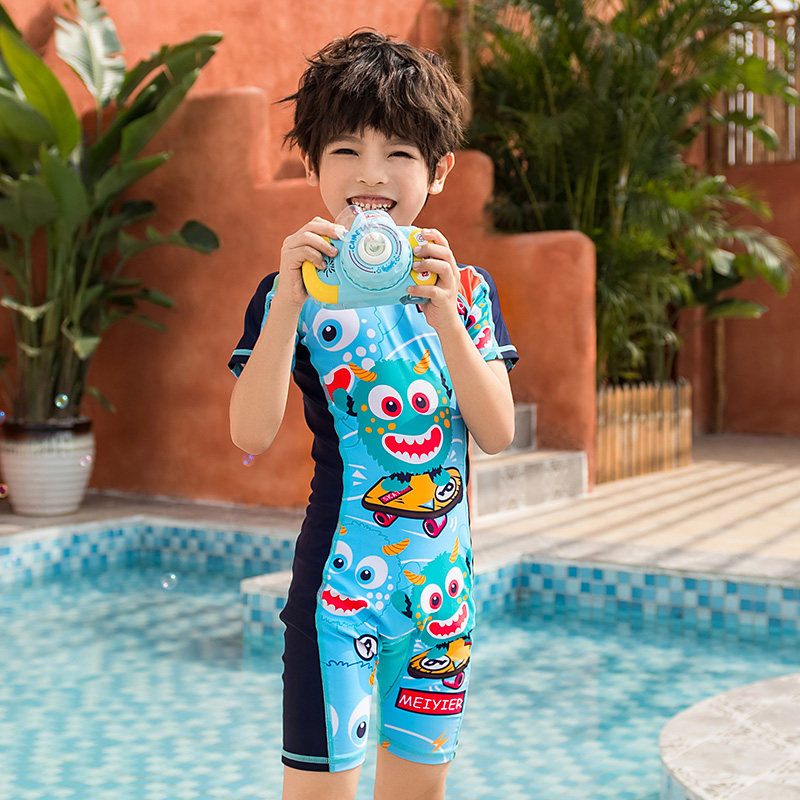 Children's swimsuit boys middle-aged children short-sleeved shorts split cartoon hot spring conjoined long-sleeved swimsuit boy