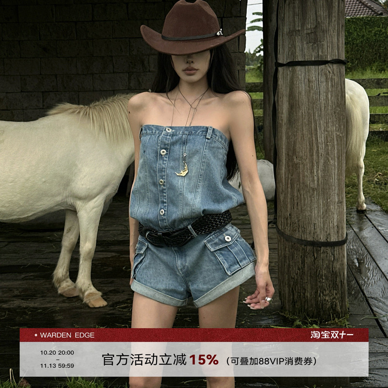 Han Hao Tian Warden Edge Blue Denim Shorts for Women, New Summer Design Jumpsuit Shorts
