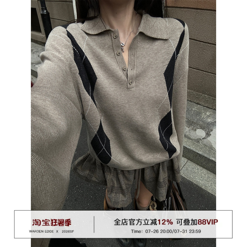 Hanhaotian Warden Edge Khaki Polo Collar Sweater for Women, Loose and Warm Diamond-Patterned Knit Top Hanhaotian Warden Edge Khaki Polo Collar Sweater for Women, Loose and Warm Diamond-Patterned Knit Top