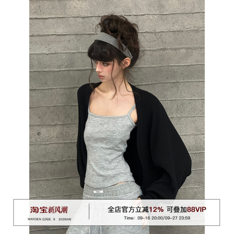 Hanhaotian Warden Edge Black Knitted Cardigan for Women, Autumn Batwing Sleeve Loose Lazy Style Shawl Coat