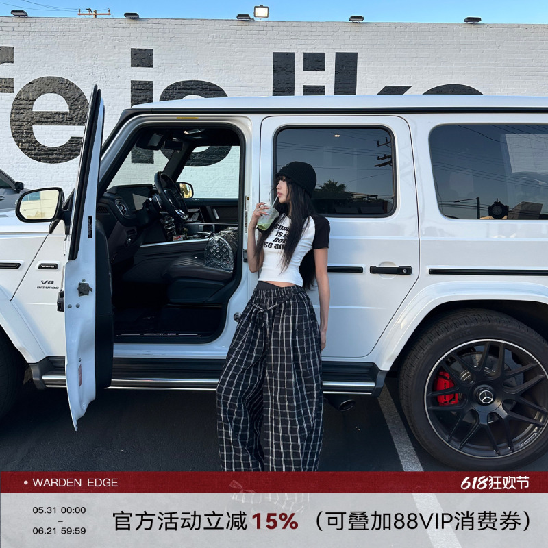 Korean Sweet Warden Edge Checkerboard Puzzle Black Dark Plaid Casual Pants Women's Summer Lazy Style Wide-Leg Long Pants Korean Sweet Warden Edge Checkerboard Puzzle Black Dark Plaid Casual Pants Women's Summer Lazy Style Wide-Leg Long Pants