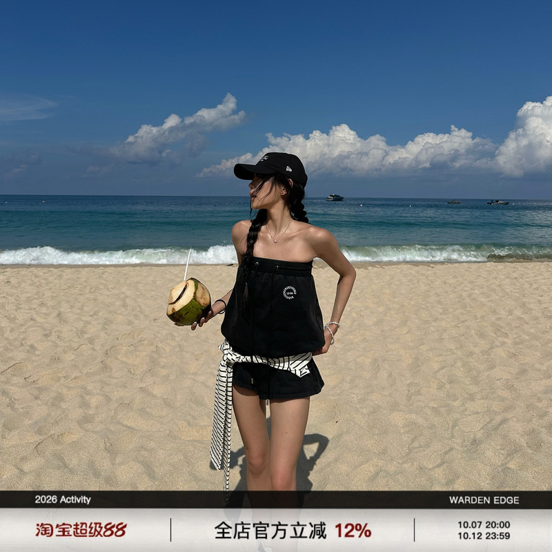 Hanhaotian Warden Edge Nautical Log Black Strapless One-Piece Shorts Women's Summer Slim Low-Waist Casual Pants Hanhaotian Warden Edge Nautical Log Black Strapless One-Piece Shorts Women's Summer Slim Low-Waist Casual Pants