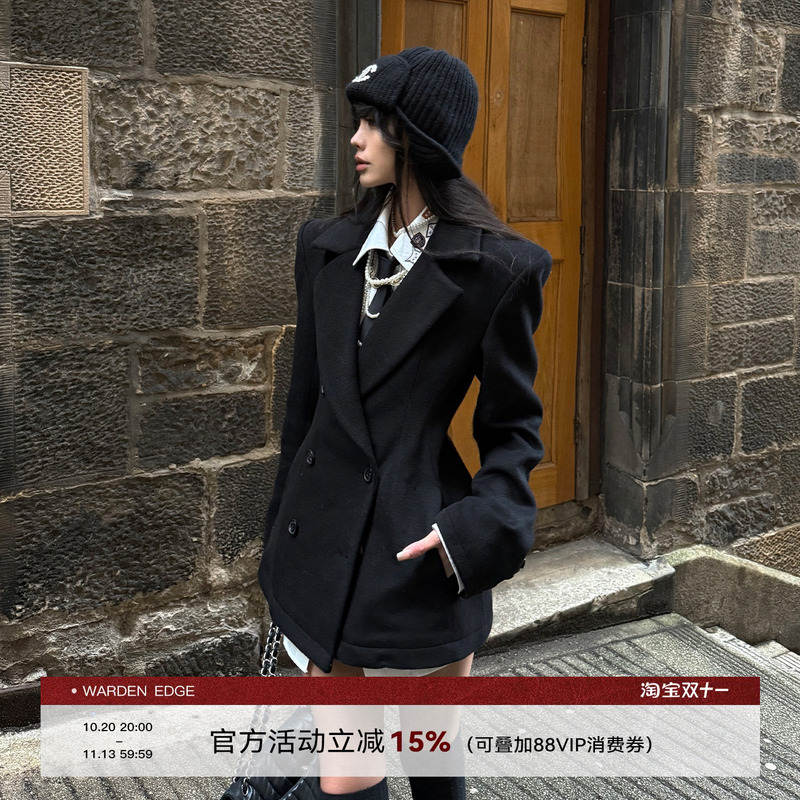 Han Hao Tian Warden Edge Black Wool Suit for Petite Women, Slim Fit Double-Breasted Thick Woolen Coat Han Hao Tian Warden Edge Black Wool Suit for Petite Women, Slim Fit Double-Breasted Thick Woolen Coat