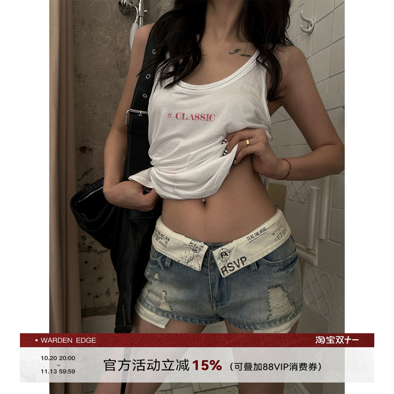 Korean Sweet Warden Edge American-Style Low-Waist Denim Shorts for Women, Hot Girl Ripped Shorts, Hip-Hugging Hot Pants, Ultra-Short Shorts
