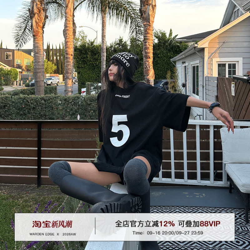 Han Hao Tian Warden Edge Black Printed Loose T-Shirt for Women, Summer Hot Girl Style, Loose and Lazy Style Short-Sleeved Top Han Hao Tian Warden Edge Black Printed Loose T-Shirt for Women, Summer Hot Girl Style, Loose and Lazy Style Short-Sleeved Top