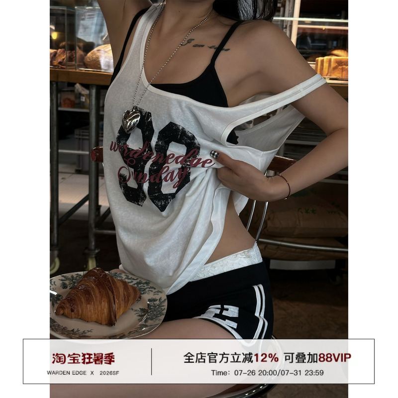 Han Hao Tian Warden Edge Returns to the 90S White Printed Sleeveless Vest for Women, Summer Loose Fit, Slimming Outerwear Top Han Hao Tian Warden Edge Returns to the 90S White Printed Sleeveless Vest for Women, Summer Loose Fit, Slimming Outerwear Top