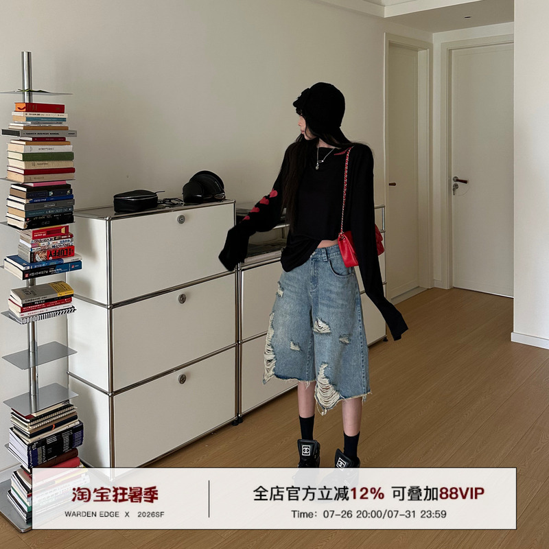 Korean Sweet Warden Edge Denim Rebel Blue Washed Ripped Denim Mid-Length Pants Hot Girl Low-Waist Wide-Leg Pants