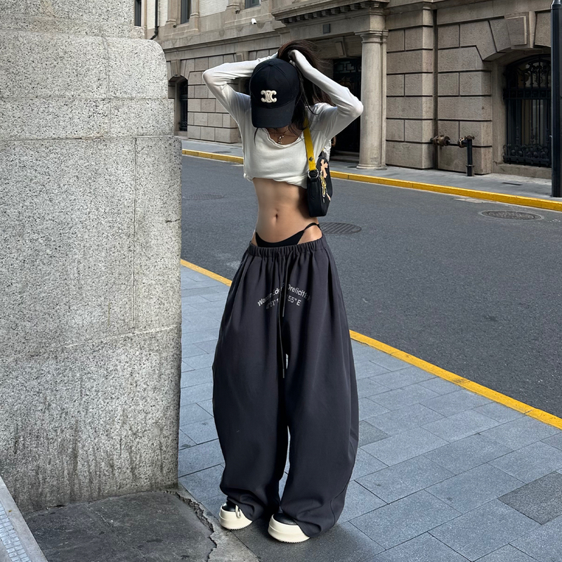Hanhaotian Warden Edge American-Style Printed Casual Pants for Women, Early Autumn Thin Loose Dark Gray Low-Waist Wide-Leg Pants