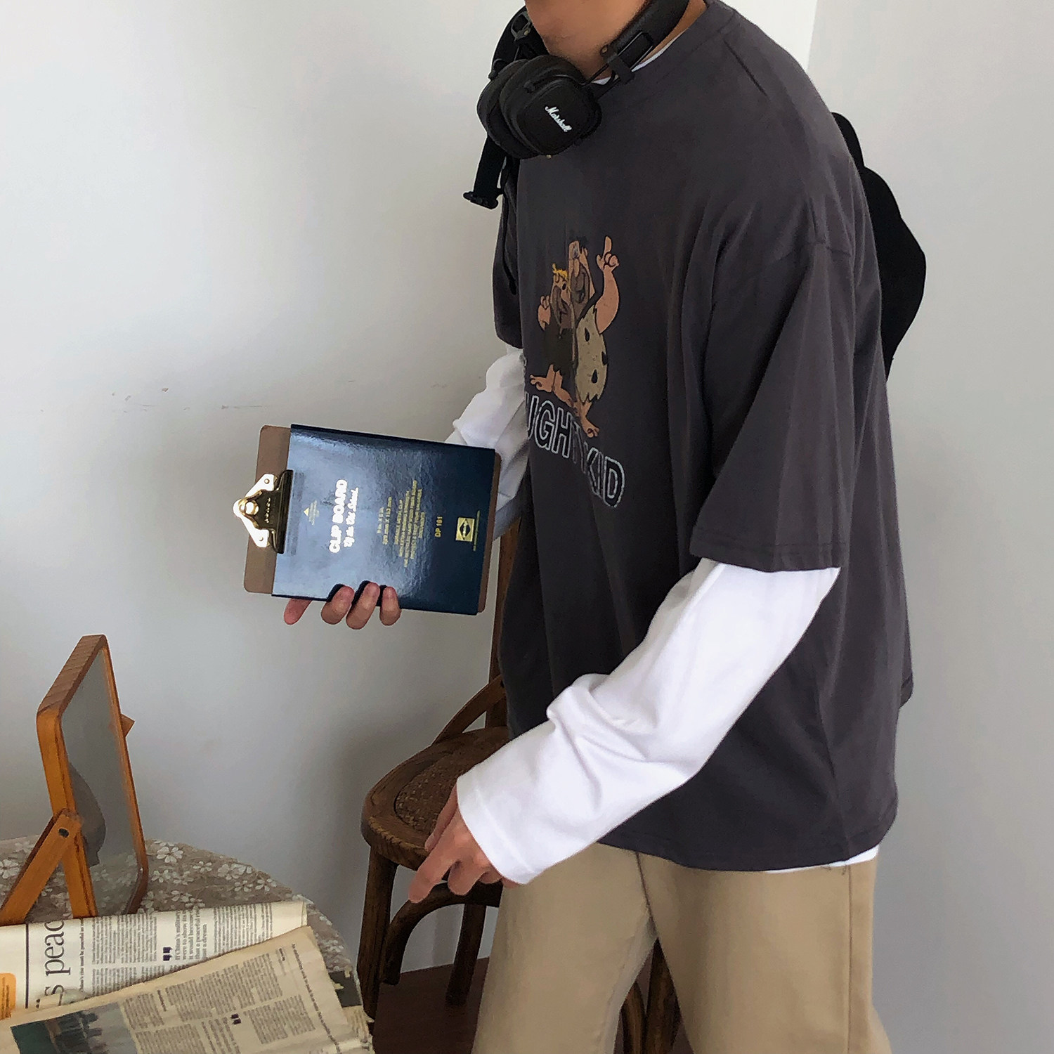 19studio South Korea ulzzang vintage old printed top cartoon couple loose short sleeve men t-shirt