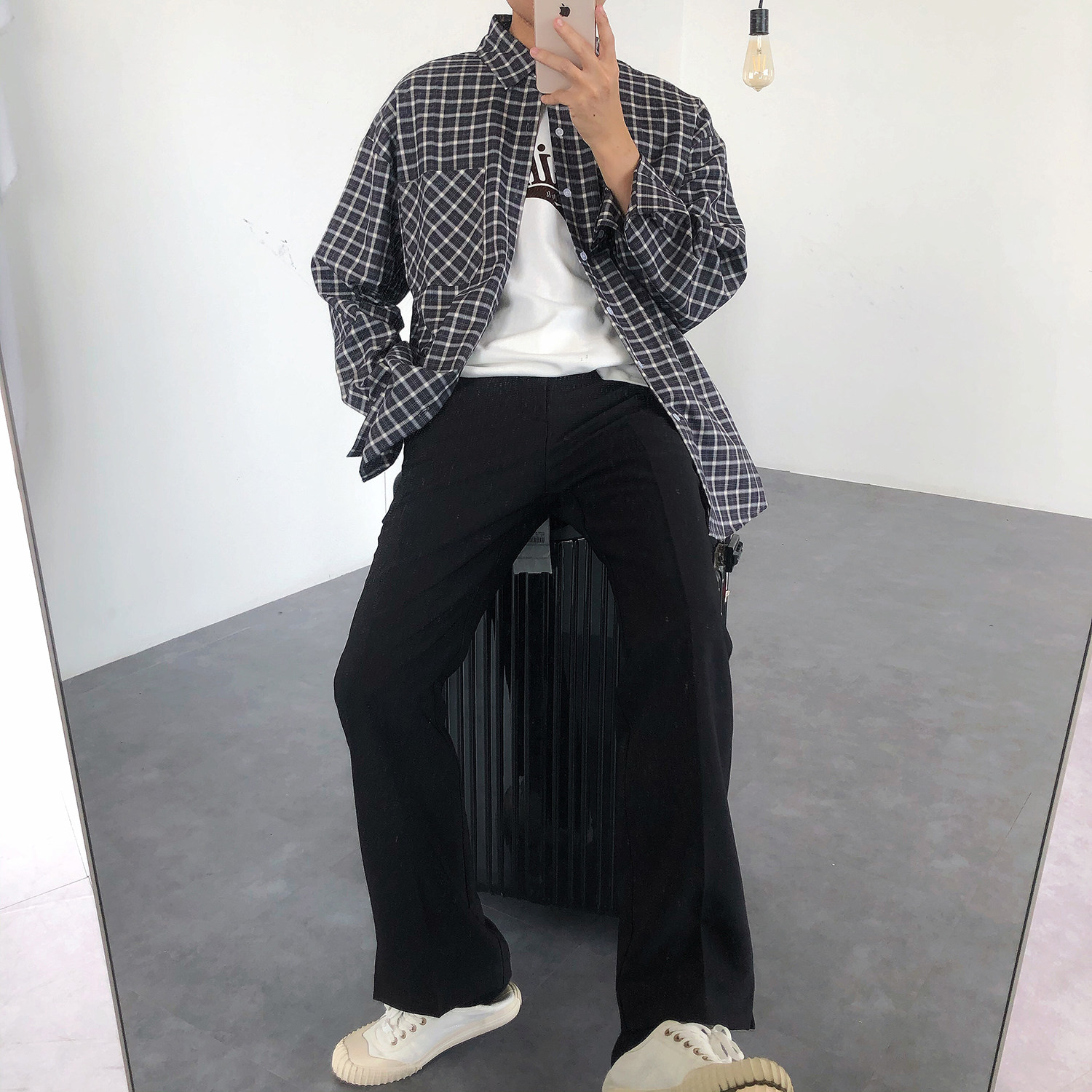 19studio spring plaid shirt mens fashion handsome Korean version loose casual wild long-sleeved shirt men