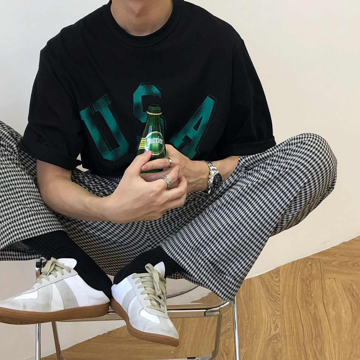 19studio Korean version of the summer trend t-shirt retro print USA crew neck couple loose short-sleeved t-shirt men and women