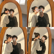 19studio Korean version of the long-sleeved couple ins port wind wild loose letter printing crew neck top t-shirt men