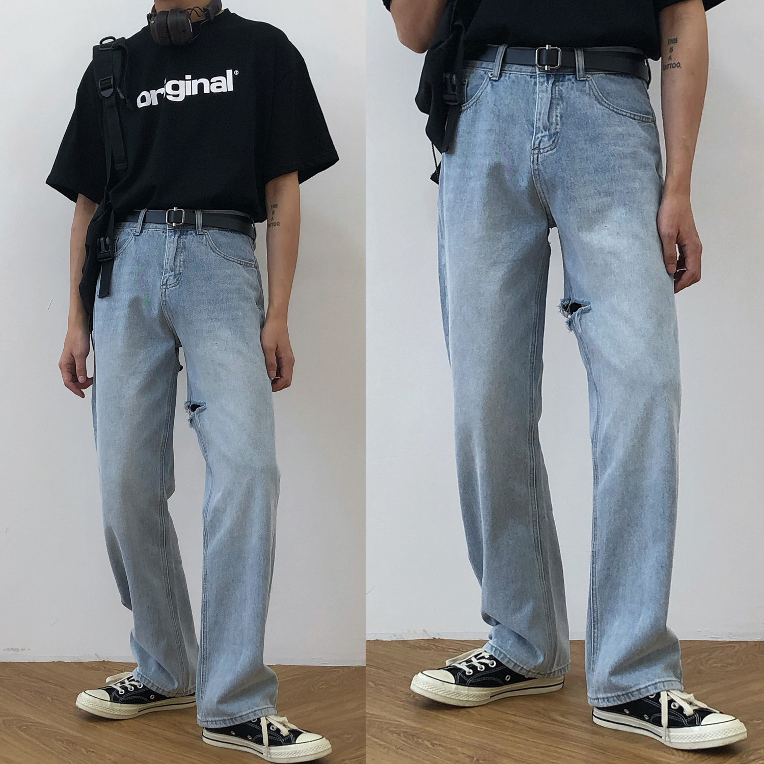 19studio retro washed Korean version of the wild trend casual pants loose straight light-colored hole jeans