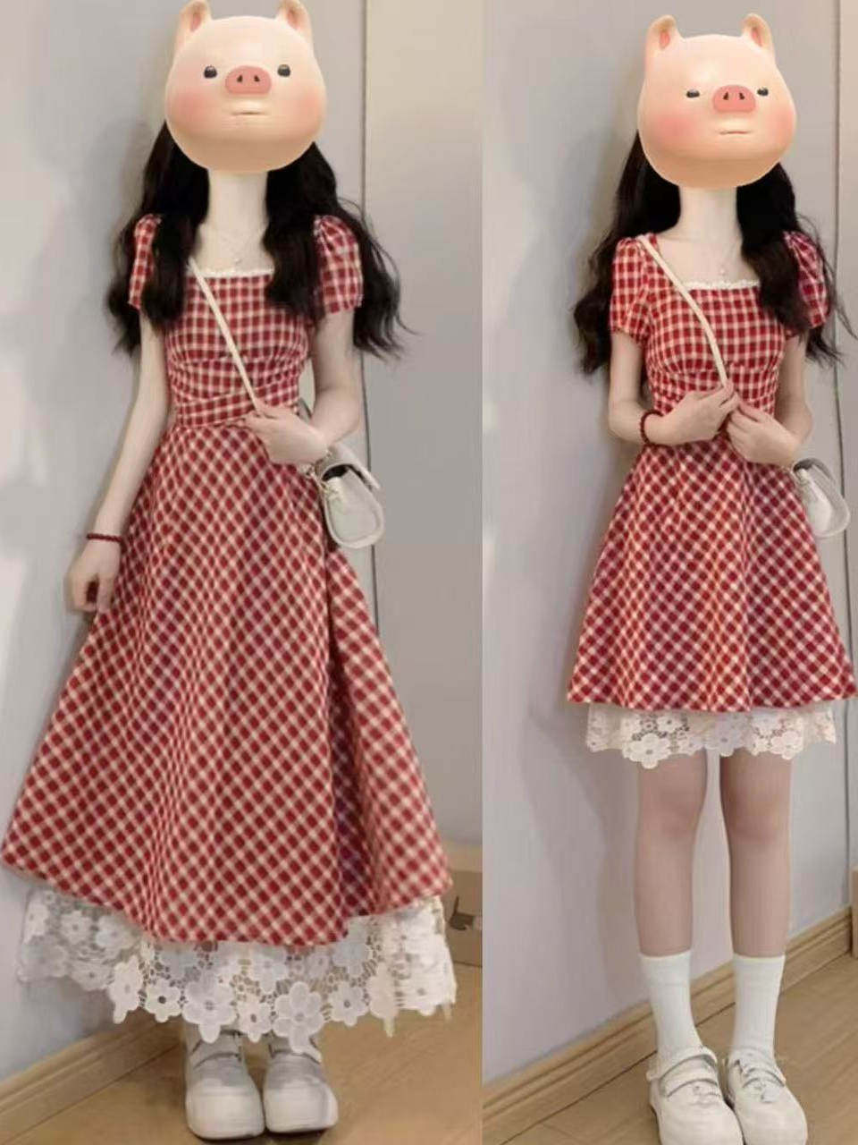 Red Checkered Dreamy Summer New French Sweet A-Line Skirt with White Lace Splicing, Platycodon First Love Dress, Fairy-Like