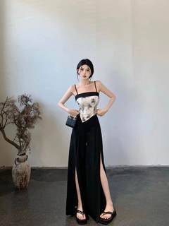 Summer ink painting suspender slit fake culottes suit for women