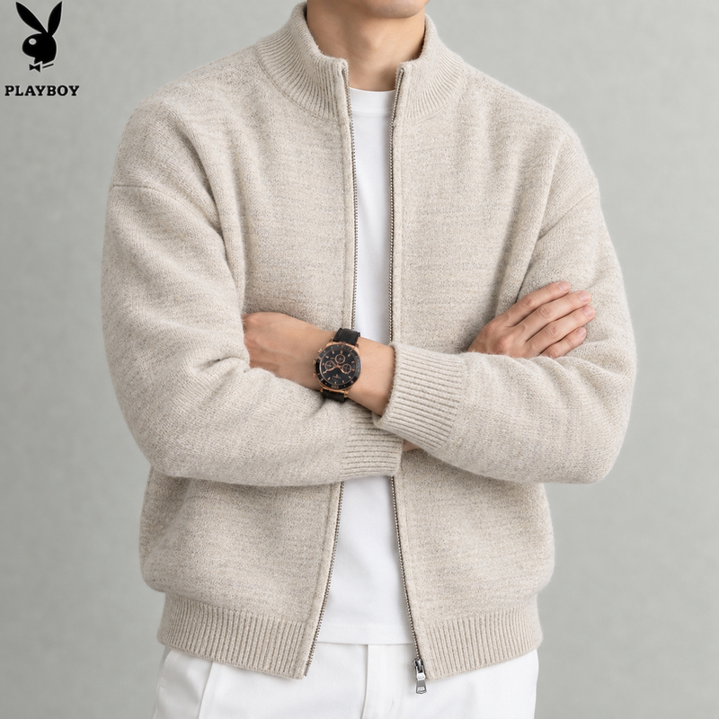 Autumn and Winter New Playboy Men's Stand-Up Collar Zipper Knitted Cardigan Wool Casual Versatile Sweater High-End Jacket Autumn and Winter New Playboy Men's Stand-Up Collar Zipper Knitted Cardigan Wool Casual Versatile Sweater High-End Jacket