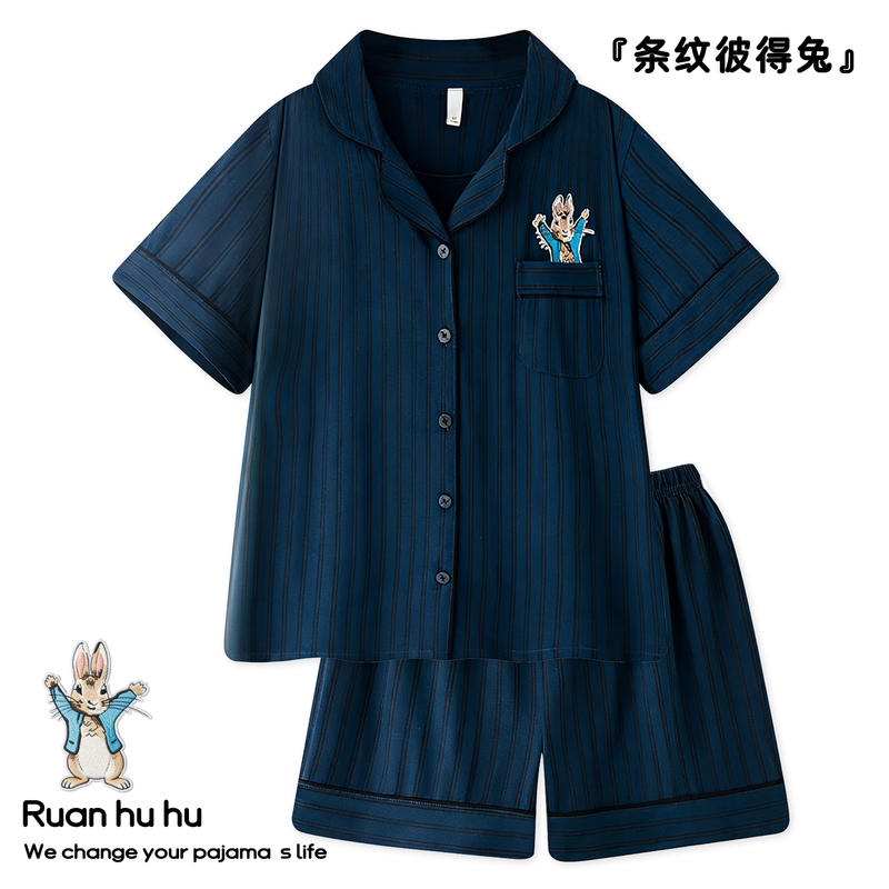 Dark Blue Peter Rabbit Pure Cotton Couple Pajamas Men's Summer Short-Sleeved Shorts Summer Women's Home Wear Set Dark Blue Peter Rabbit Pure Cotton Couple Pajamas Men's Summer Short-Sleeved Shorts Summer Women's Home Wear Set