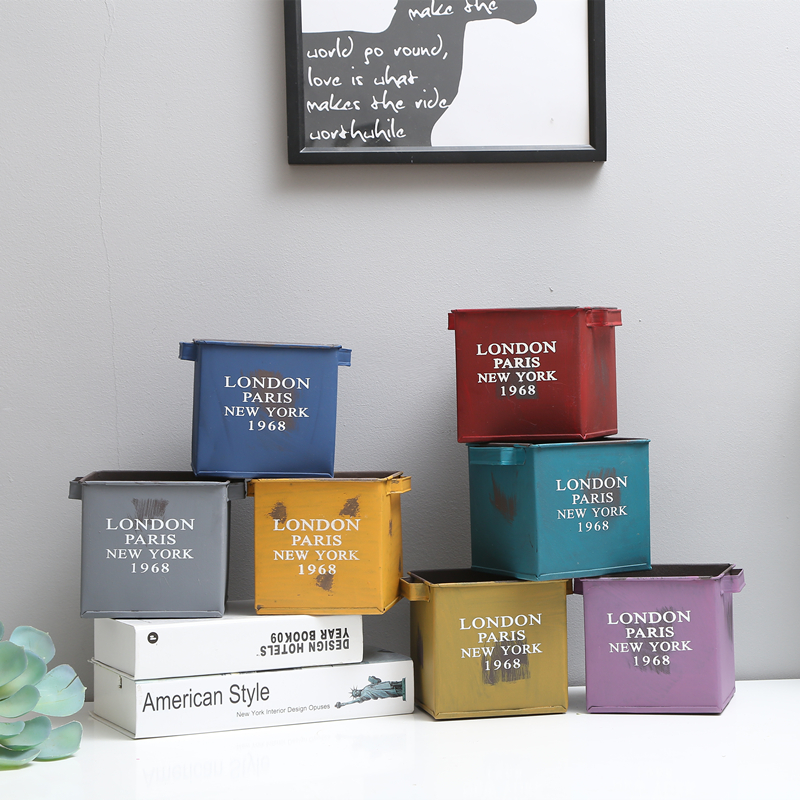 Nordic wind minimalist around retro square iron sheet barrel made of old flower barrel green plant decoration containing box frame fake flower multi-meat flower pot-Taobao
