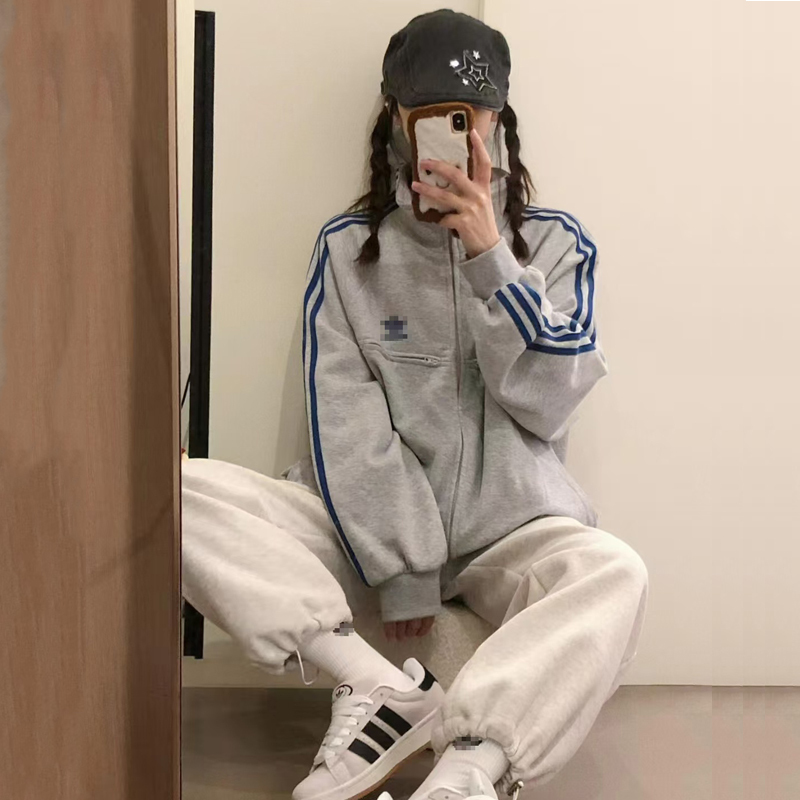 Casual Sports Style Zipper Jacket, Unisex, Spring and Autumn, Loose Trendy Brand Sweatshirt, Three-Stripe Long-Sleeve Outerwear Set