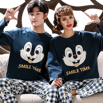 Couples pajamas female autumn cotton long sleeve two-piece set autumn and winter Korean version can be worn outside men plus size home clothes