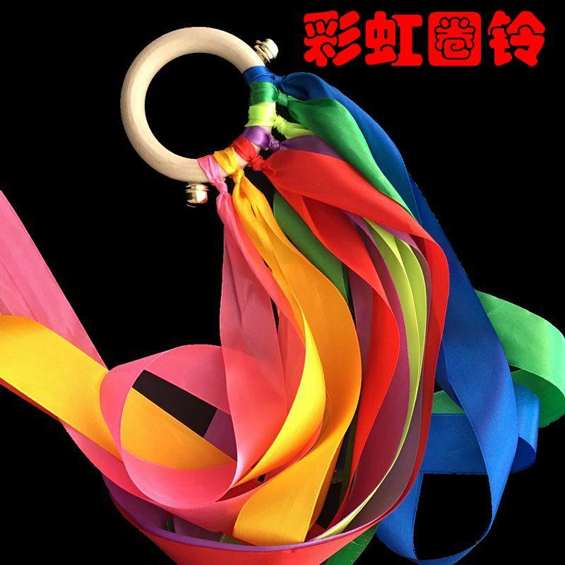 Rainbow ribbon wooden ring bell Saxone kindergarten children's dance program props early teaching game toy bell
