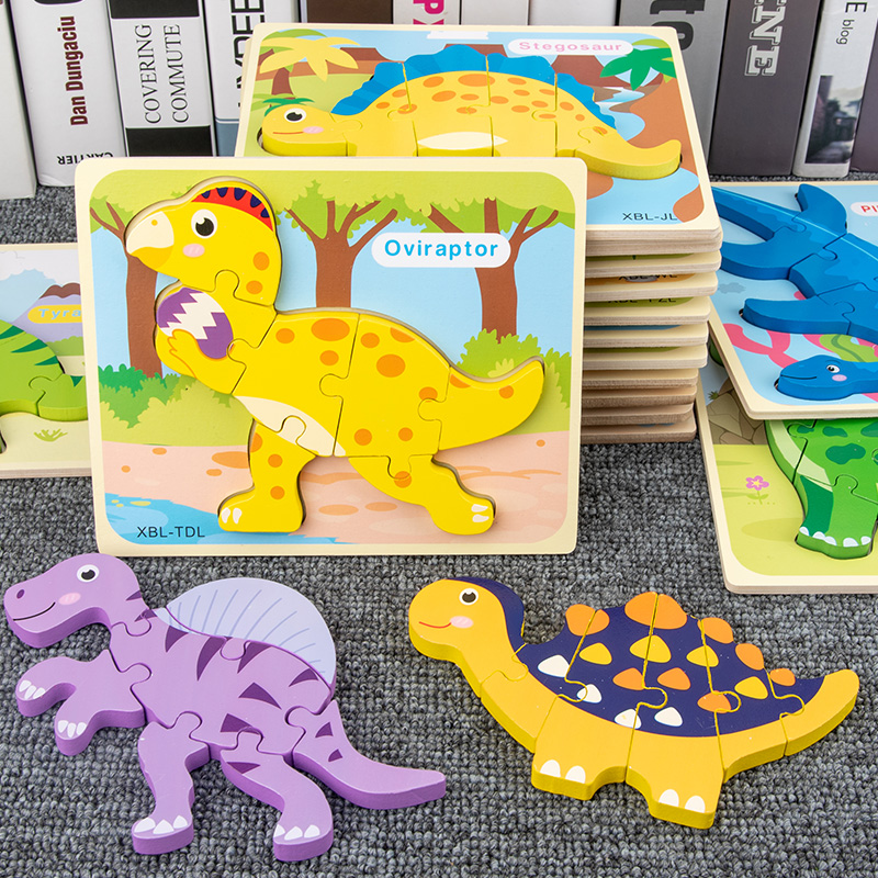 Children Early Education Developing Baby Puzzle Force 3D Three-dimensional Wooden Dinosaur Puzzle Building Block Toy Male Girl 1-3 years old