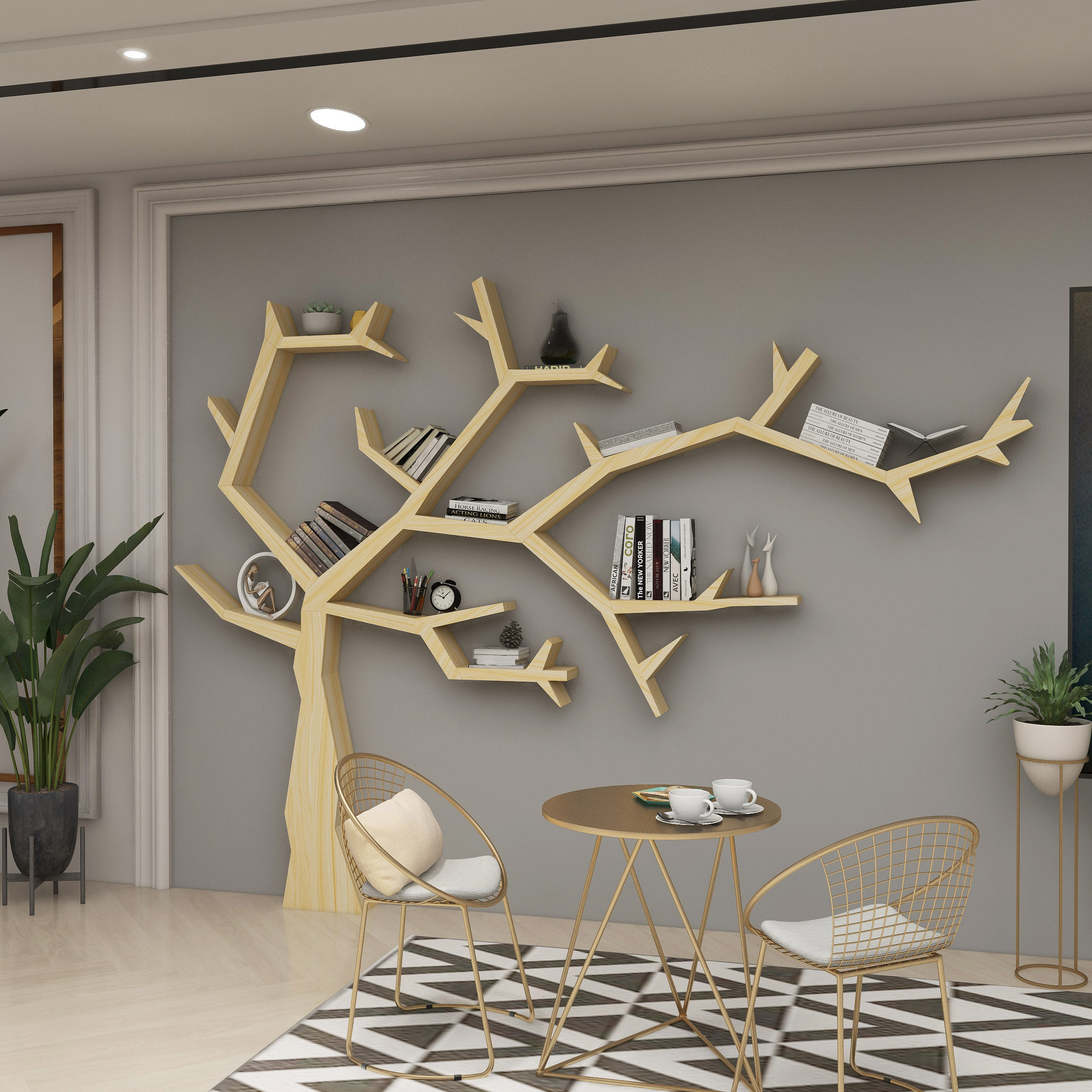 Simple solid wood tree-shaped bookshelf living room background sofa art shelf office floor custom creative bookcase - Taobao