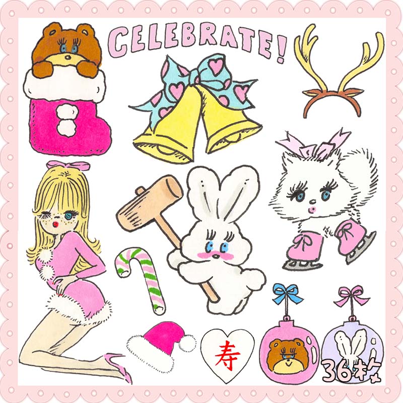 可愛卡通foxy的粉色耶誕和可愛元旦貼紙貼圖png透明設計素材