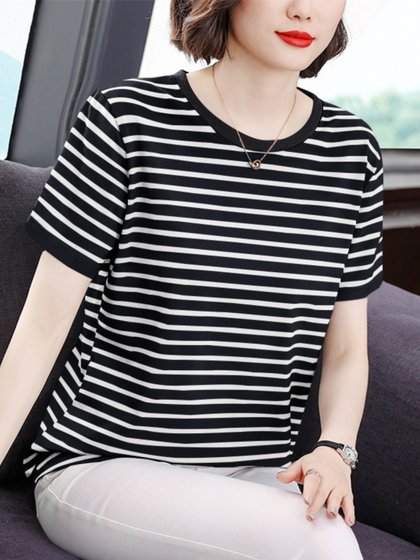 纯棉条纹t恤女短袖宽松夏2025新款薄款大码女装妈妈加肥加大上衣