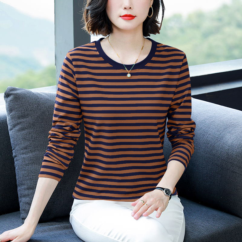 Cotton Long-Sleeved T-Shirt for Women, 2026 New Spring and Autumn Style, Large Size Loose Striped Base Shirt for Plus-Size Moms Cotton Long-Sleeved T-Shirt for Women, 2026 New Spring and Autumn Style, Large Size Loose Striped Base Shirt for Plus-Size Moms