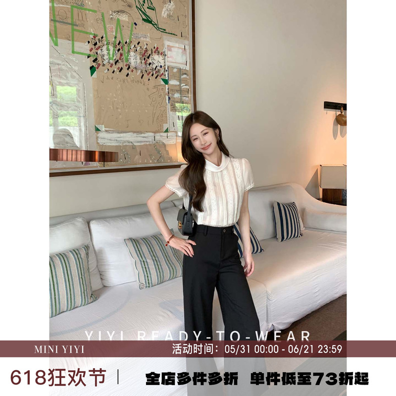 Yiyijia Petite [Lily Dreamland] Tencel Puff Sleeve T-Shirt for Women 2026 Summer New Lace Patchwork Top