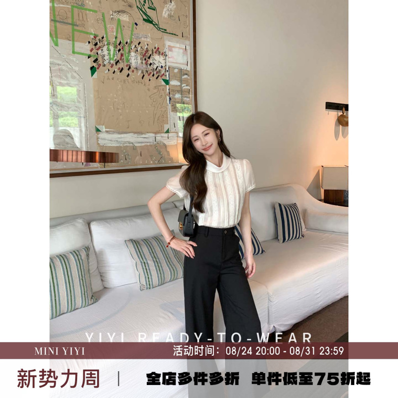 Yiyijia Petite [Lily Dreamland] Tencel Puff Sleeve T-Shirt for Women 2026 Summer New Lace Patchwork Top